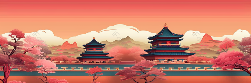 古代的房屋建筑红色背景,插画/手绘图,插画/手绘图库,插画/手绘图下载,插画/手绘
